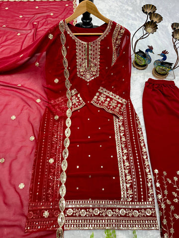 Designer Gold Embroidered Fox Georgette Kurti with Palazzo & Dupatta Set – Deep Red
