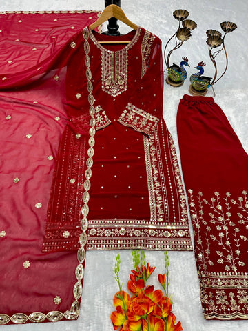 Designer Gold Embroidered Fox Georgette Kurti with Palazzo & Dupatta Set – Deep Red