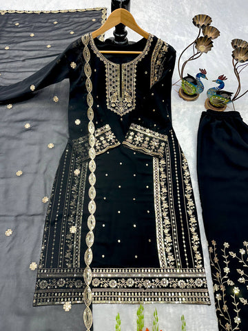 Designer Silver Embroidered Fox Georgette Kurti with Palazzo & Dupatta Set – Jet Black
