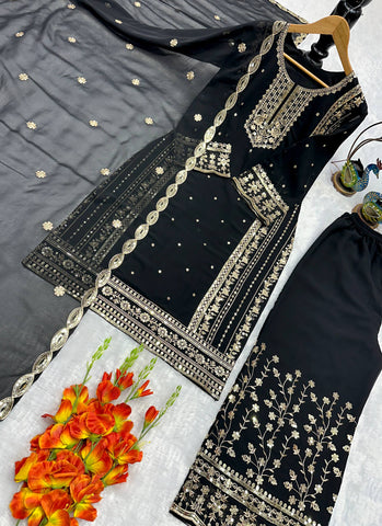 Designer Silver Embroidered Fox Georgette Kurti with Palazzo & Dupatta Set – Jet Black