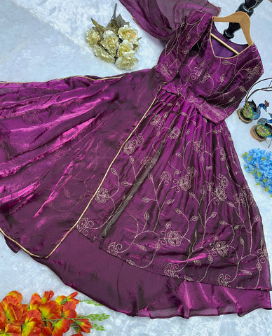 Designer Embroidered Silk Gown with Lehenga Skirt & Dupatta Set – Royal Purple