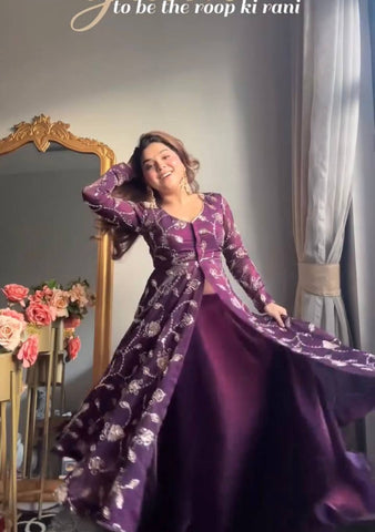 Designer Embroidered Silk Gown with Lehenga Skirt & Dupatta Set – Royal Purple