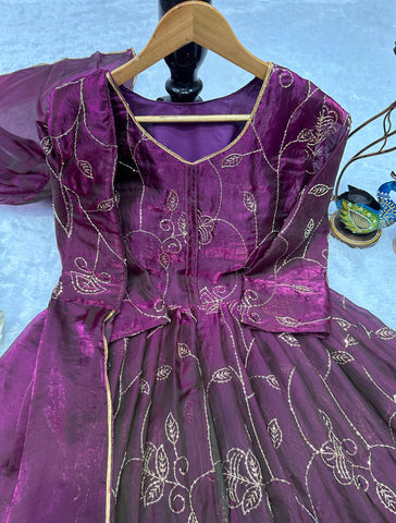Designer Embroidered Silk Gown with Lehenga Skirt & Dupatta Set – Royal Purple