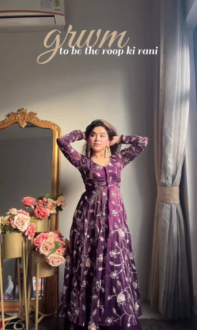 Designer Embroidered Silk Gown with Lehenga Skirt & Dupatta Set – Royal Purple