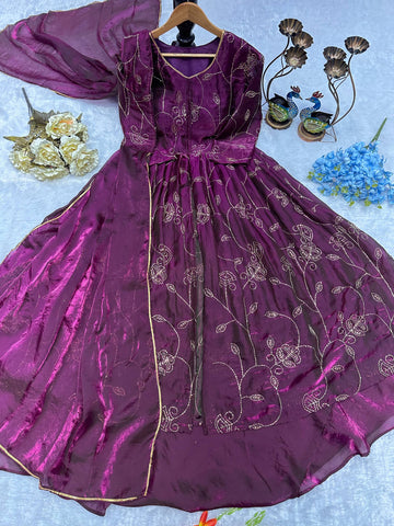 Designer Embroidered Silk Gown with Lehenga Skirt & Dupatta Set – Royal Purple