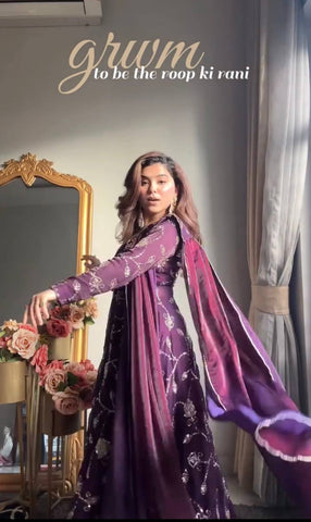 Designer Embroidered Silk Gown with Lehenga Skirt & Dupatta Set – Royal Purple