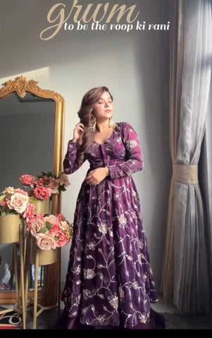 Designer Embroidered Silk Gown with Lehenga Skirt & Dupatta Set – Royal Purple