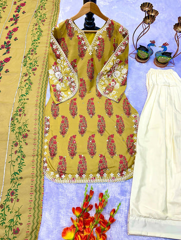 Designer Olive Green Embroidered French Crepe Kurti with Farsi Salwar & Dupatta Set