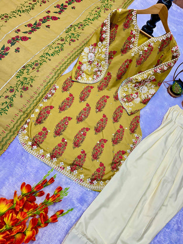 Designer Olive Green Embroidered French Crepe Kurti with Farsi Salwar & Dupatta Set