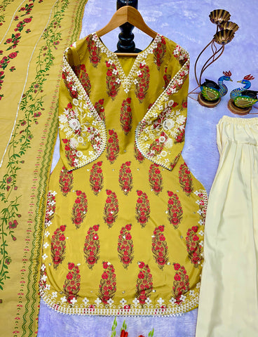 Designer Olive Green Embroidered French Crepe Kurti with Farsi Salwar & Dupatta Set