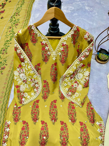 Designer Olive Green Embroidered French Crepe Kurti with Farsi Salwar & Dupatta Set