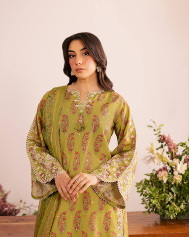 Designer Olive Green Embroidered French Crepe Kurti with Farsi Salwar & Dupatta Set
