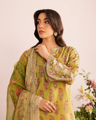 Designer Olive Green Embroidered French Crepe Kurti with Farsi Salwar & Dupatta Set