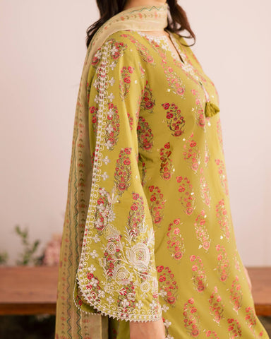 Designer Olive Green Embroidered French Crepe Kurti with Farsi Salwar & Dupatta Set