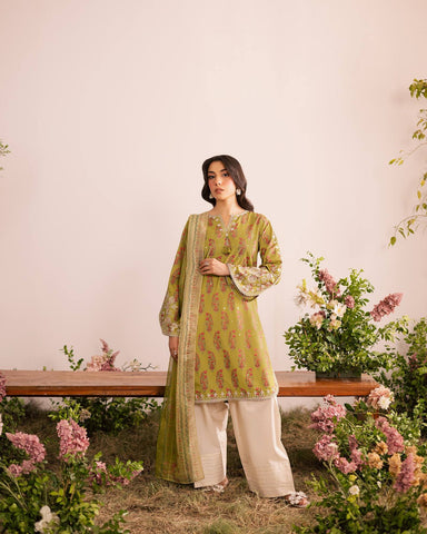 Designer Olive Green Embroidered French Crepe Kurti with Farsi Salwar & Dupatta Set