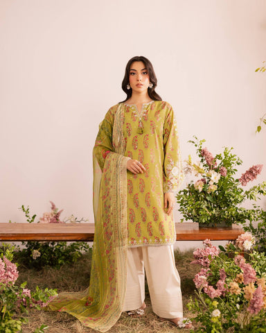 Designer Olive Green Embroidered French Crepe Kurti with Farsi Salwar & Dupatta Set