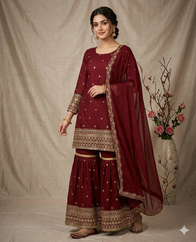 Designer Heavy Vichitra Silk Embroidered Kurti with Plazzo Set & Dupatta