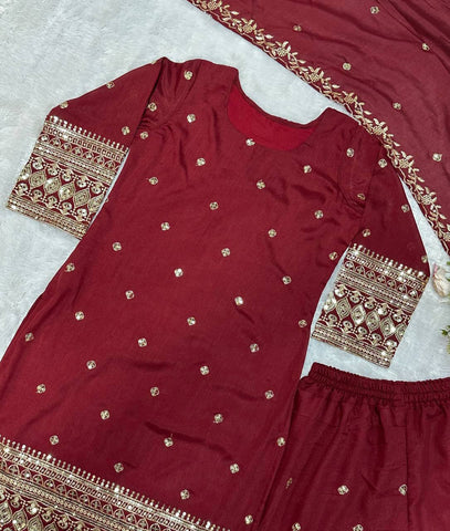 Designer Heavy Vichitra Silk Embroidered Kurti with Plazzo Set & Dupatta