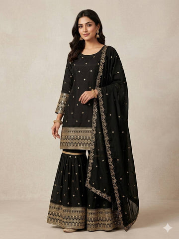 Designer Heavy Vichitra Silk Embroidered Kurti with Plazzo Set & Dupatta