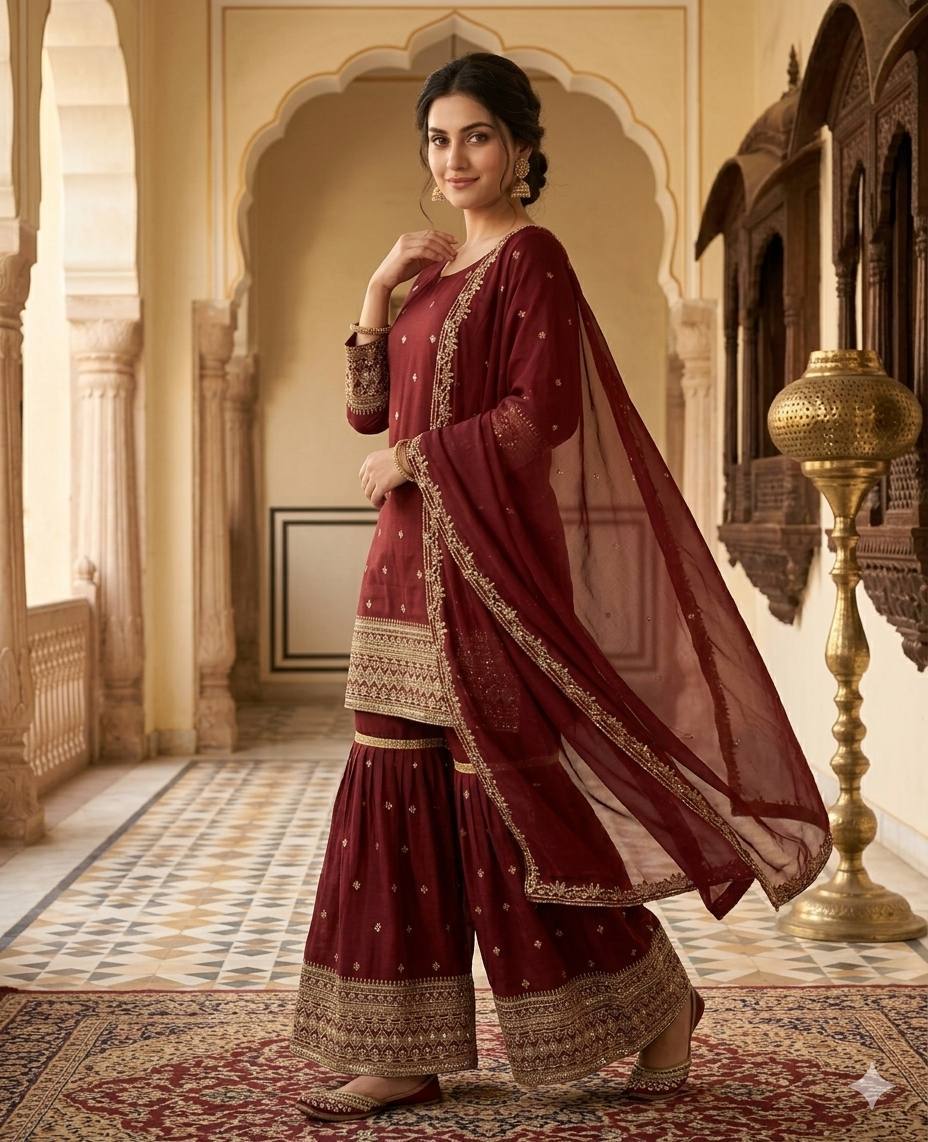 Designer Heavy Vichitra Silk Embroidered Kurti with Plazzo Set & Dupatta