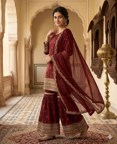Designer Heavy Vichitra Silk Embroidered Kurti with Plazzo Set & Dupatta