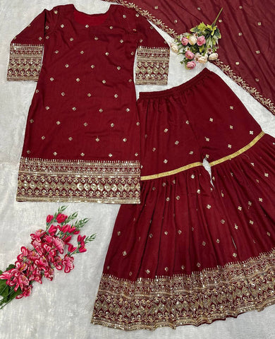 Designer Heavy Vichitra Silk Embroidered Kurti with Plazzo Set & Dupatta