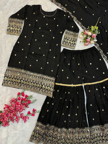 Designer Heavy Vichitra Silk Embroidered Kurti with Plazzo Set & Dupatta