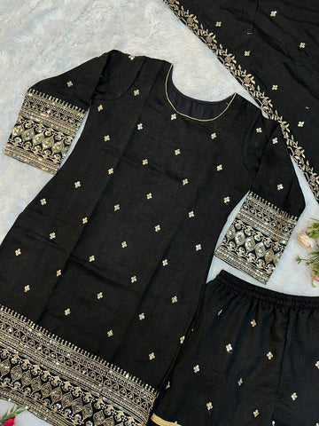 Designer Heavy Vichitra Silk Embroidered Kurti with Plazzo Set & Dupatta
