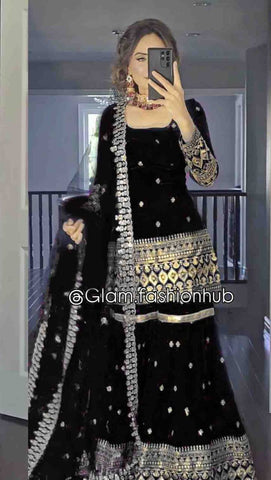 Designer Heavy Vichitra Silk Embroidered Kurti with Plazzo Set & Dupatta