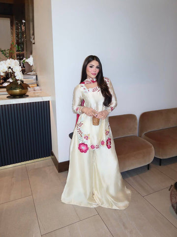 Designer Roman Silk Embroidered Kurti with Plazzo Set & Fancy Dupatta
