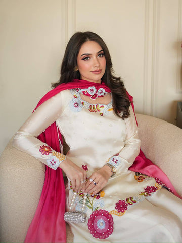 Designer Roman Silk Embroidered Kurti with Plazzo Set & Fancy Dupatta