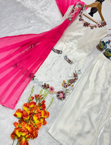 Designer Roman Silk Embroidered Kurti with Plazzo Set & Fancy Dupatta