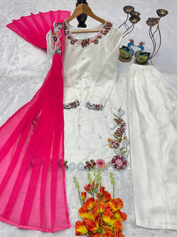 Designer Roman Silk Embroidered Kurti with Plazzo Set & Fancy Dupatta