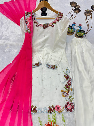 Designer Roman Silk Embroidered Kurti with Plazzo Set & Fancy Dupatta