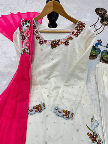 Designer Roman Silk Embroidered Kurti with Plazzo Set & Fancy Dupatta
