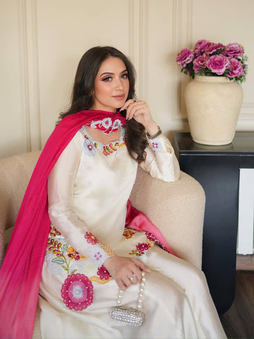 Designer Roman Silk Embroidered Kurti with Plazzo Set & Fancy Dupatta