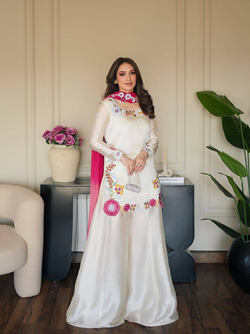 Designer Roman Silk Embroidered Kurti with Plazzo Set & Fancy Dupatta