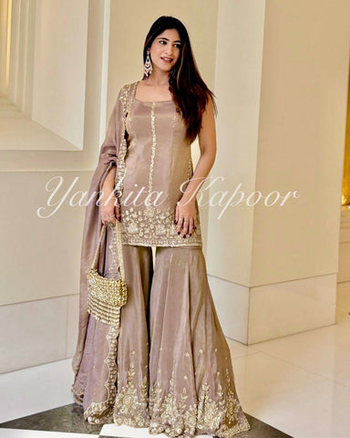 Designer Heavy Chinon Silk Embroidered Top with Sharara & Dupatta Set – Dusty Rose / Mauve Elegant Embroidered Party Wear Chinon Silk Sharara