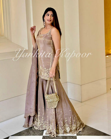 Designer Heavy Chinon Silk Embroidered Top with Sharara & Dupatta Set – Dusty Rose / Mauve Elegant Embroidered Party Wear Chinon Silk Sharara
