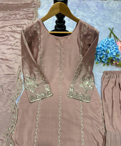Designer Heavy Chinon Silk Embroidered Top with Sharara & Dupatta Set – Dusty Rose / Mauve Elegant Embroidered Party Wear Chinon Silk Sharara