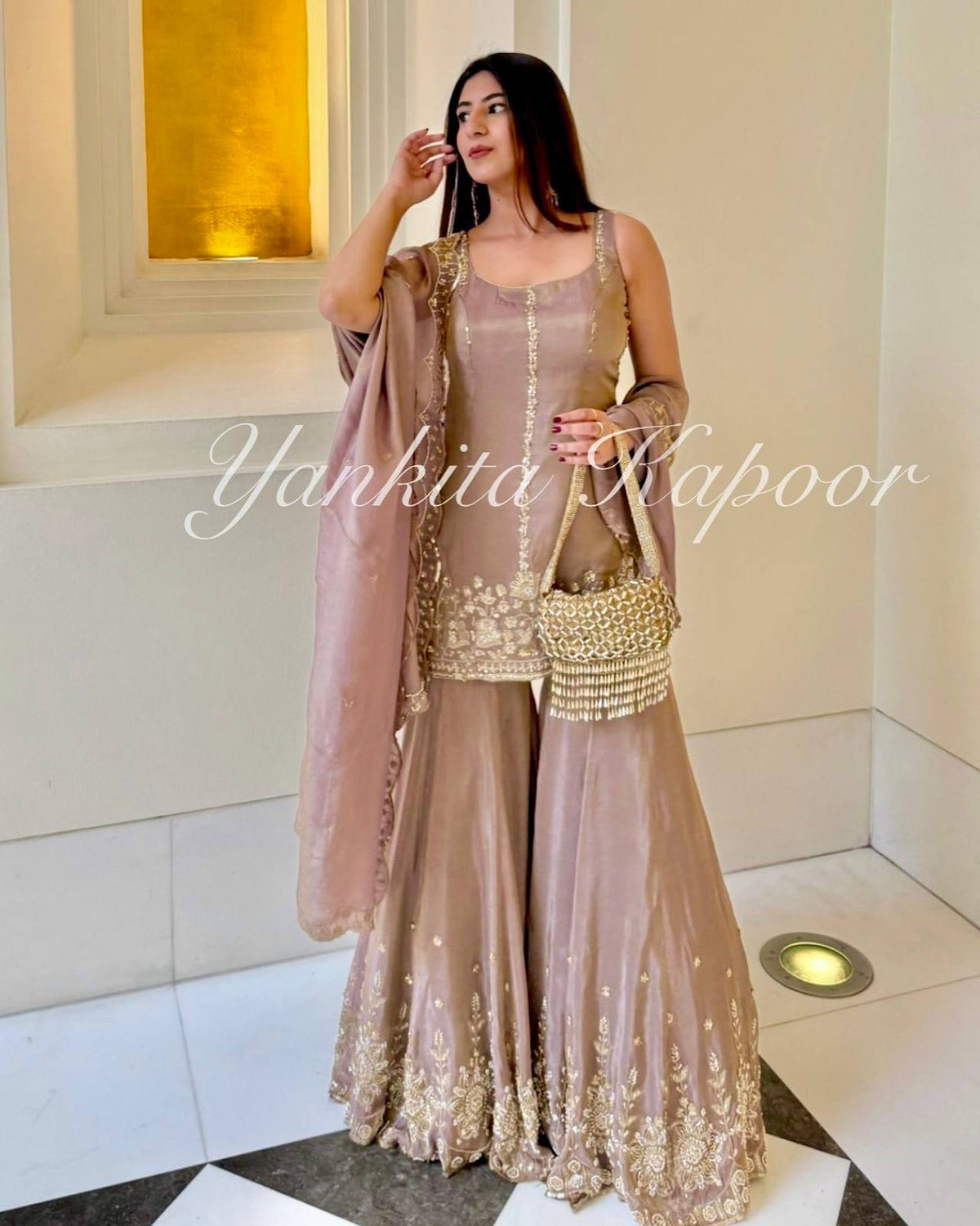Designer Heavy Chinon Silk Embroidered Top with Sharara & Dupatta Set – Dusty Rose / Mauve Elegant Embroidered Party Wear Chinon Silk Sharara