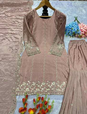 Designer Heavy Chinon Silk Embroidered Top with Sharara & Dupatta Set – Dusty Rose / Mauve Elegant Embroidered Party Wear Chinon Silk Sharara