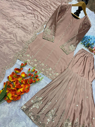 Designer Heavy Chinon Silk Embroidered Top with Sharara & Dupatta Set – Dusty Rose / Mauve Elegant Embroidered Party Wear Chinon Silk Sharara