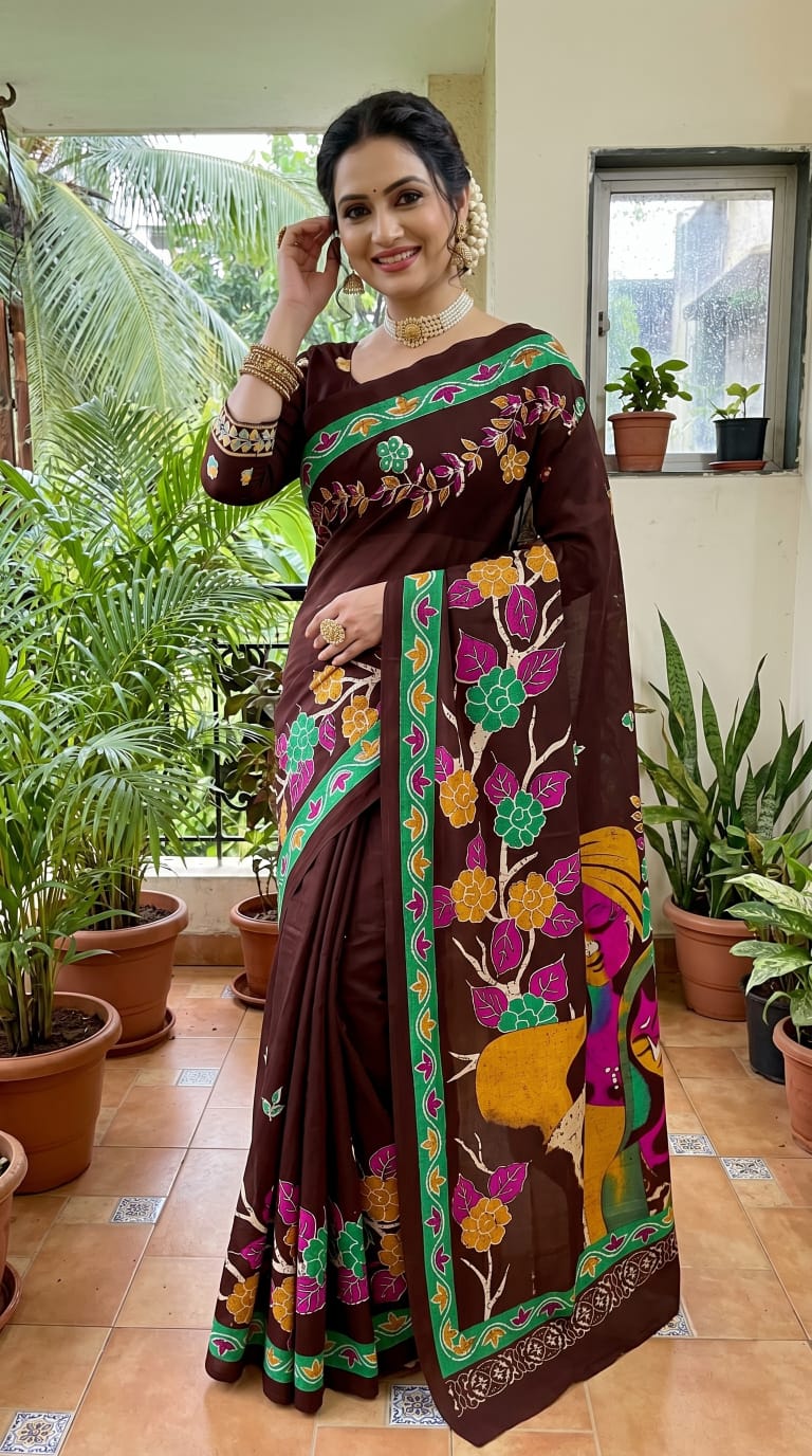 Elegant Mulmul Cotton Saree with Beautiful Bagru Print & Matching Blouse