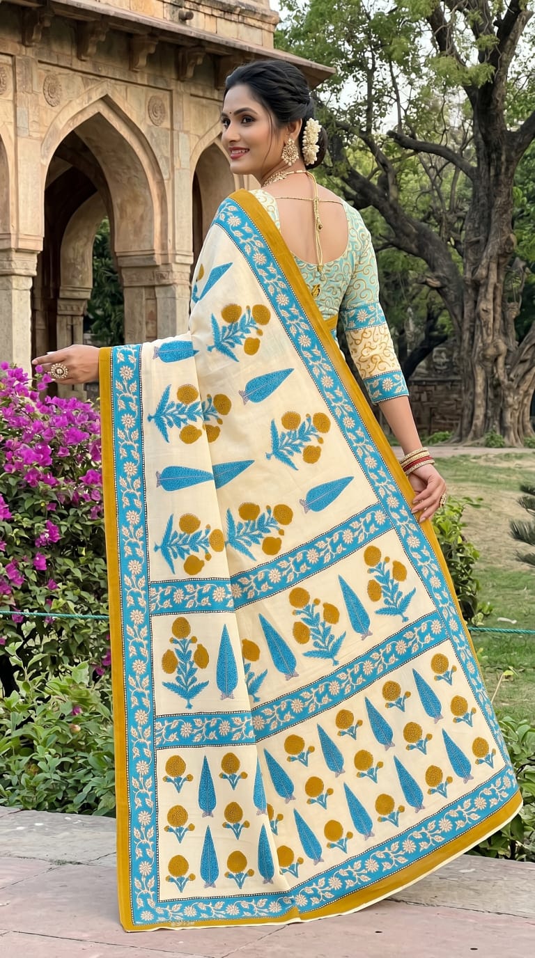 Designer Mulmul Cotton Bagru Print Saree for Women with Running Blouse