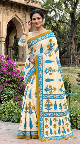 Designer Mulmul Cotton Bagru Print Saree for Women with Running Blouse
