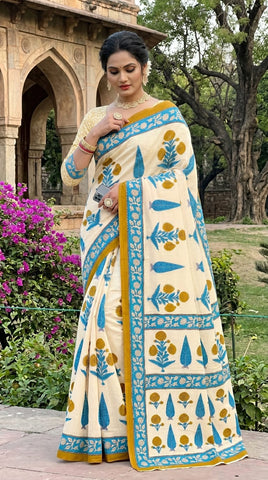 Designer Mulmul Cotton Bagru Print Saree for Women with Running Blouse
