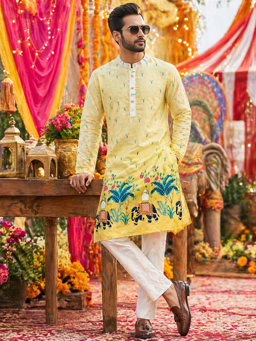 Men's Yellow Elephant Print Festive Cotton Designer Kurta