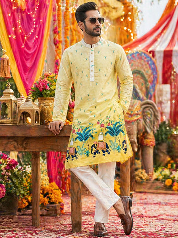 Men's Yellow Elephant Print Festive Cotton Designer Kurta