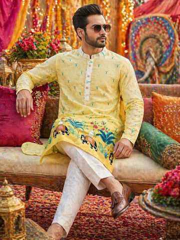 Men's Yellow Elephant Print Festive Cotton Designer Kurta